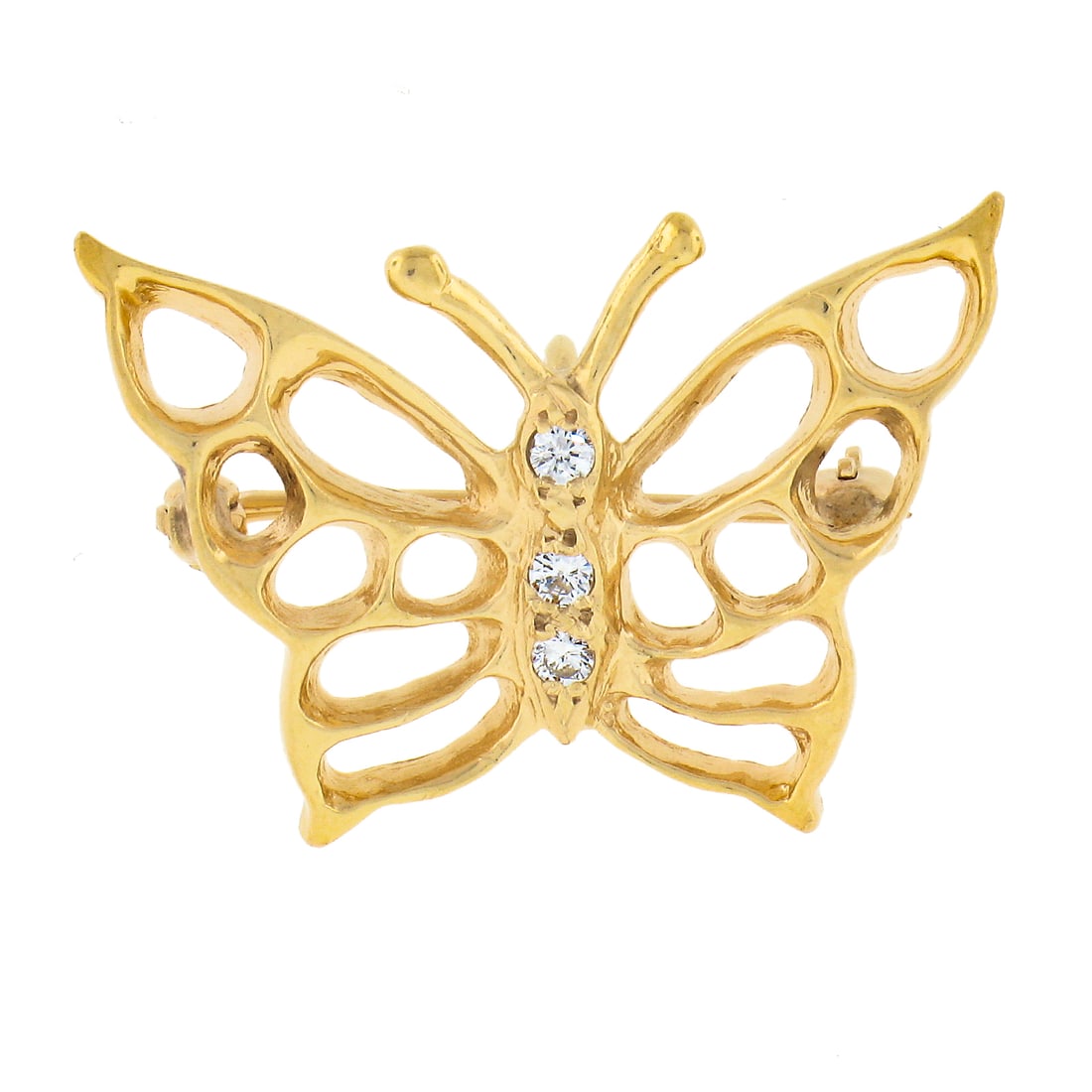 14k Yellow Gold Butterfly Brooch with 0.09ct Diamonds Open Work Design: 14k Yellow Gold Butterfly Brooch with 0.09ct Diamonds Open Work Design This exquisite butterfly brooch/pendant is beautifully crafted from solid 14k yellow gold, showcasing three natural round brillia