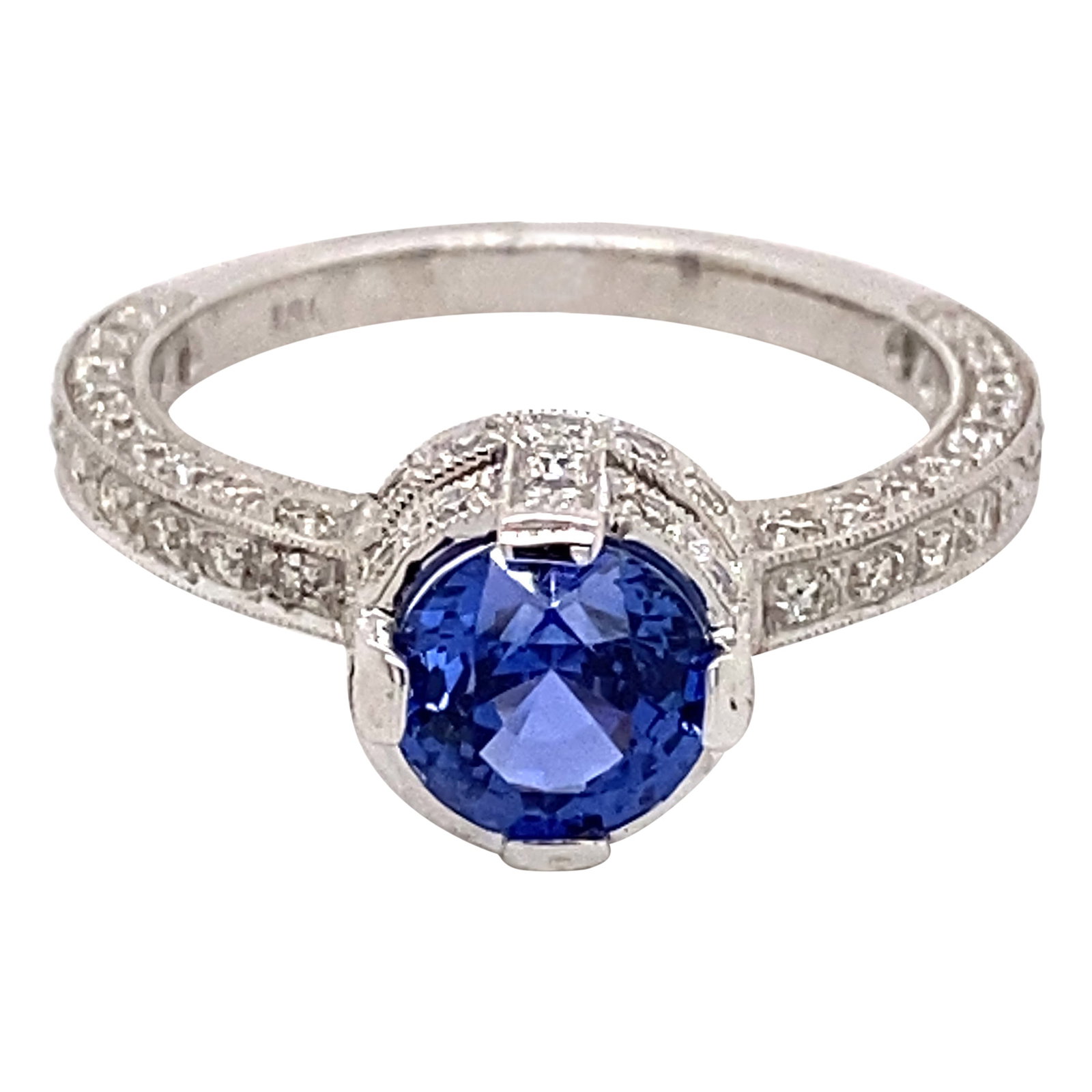 Art Deco 2.27ct Ceylon Sapphire Diamond Ring 18k White Gold GIA Appraisal: Art Deco 2.27ct Ceylon Sapphire Diamond Ring 18k White Gold GIA Appraisal This exquisite Art Deco style ring showcases a stunning 2.27 carat total gemstone weight, featuring a 1.56 carat round Ceylon
