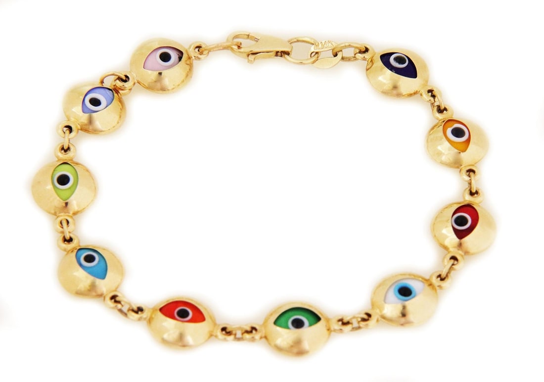 14k Yellow Gold Evil Eye Multicolor Bead Bracelet: 14k Yellow Gold Evil Eye Multicolor Bead Bracelet This stunning bracelet features a unique double-sided design with multicolor acrylic evil eye beads set in 14k yellow gold. Each bead showcases an eye
