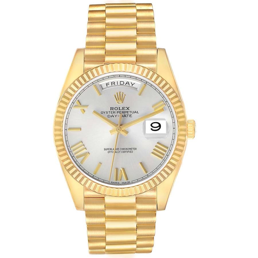 2017 Rolex Day-Date 228238 President Watch Silver Gold Roman Dial White Card: 2017 Rolex Day-Date 228238 President Watch Silver Gold Roman Dial White Card This is a men's Rolex Day-Date watch, featuring a silver and gold Roman index dial. The timepiece is equipped with a fluted