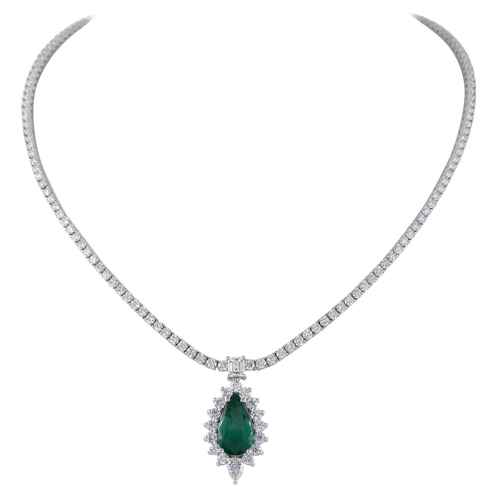 13.38ct Emerald Diamond Pendant Tennis Necklace 18k White Gold: 13.38ct Emerald Diamond Pendant Tennis Necklace 18k White Gold This stunning contemporary tennis necklace features a remarkable 13.38 carats total gemstone weight, showcasing a beautiful emerald drop
