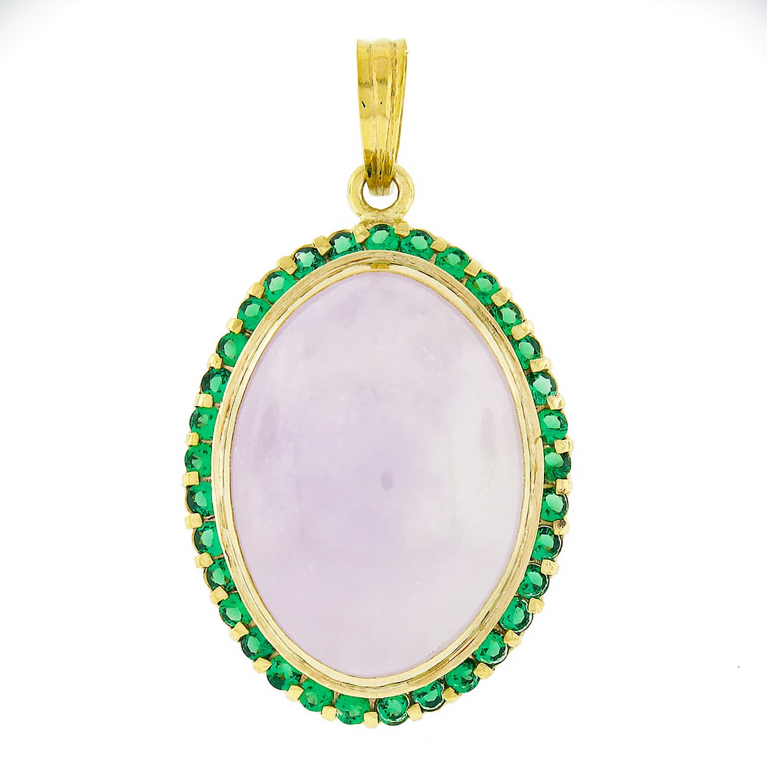 Vintage 18k Yellow Gold Lavender Jade Pendant with Green Stones Frame: Vintage 18k Yellow Gold Lavender Jade Pendant with Green Stones Frame This exquisite vintage pendant is crafted from solid 18k yellow gold and features a stunning large oval cabochon cut lavender jade