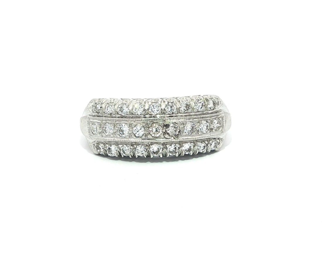 Vintage Platinum Palladium 0.40ctw 3 Row Pave Diamond Band Ring: Vintage Platinum Palladium 0.40ctw 3 Row Pave Diamond Band Ring This exquisite vintage ring features a stunning three-row design adorned with pave-set natural diamonds. Crafted from solid platinum wit