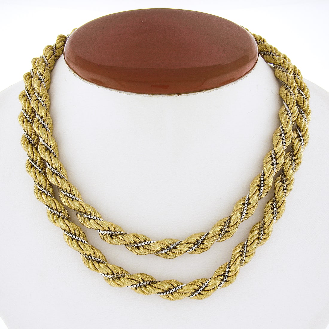 Milor 18K Gold 32 Inch Textured Rope Chain Necklace: Milor 18K Gold 32 Inch Textured Rope Chain Necklace This exquisite necklace features a stunning 32-inch long design crafted from solid 18K multi-tone gold, showcasing a unique textured rope chain inte