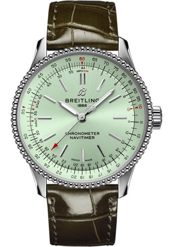 Breitling Navitimer A17395 Mint Green Dial Leather Strap Watch with Card 2024: Breitling Navitimer A17395 Mint Green Dial Leather Strap Watch with Card 2024 This Breitling Navitimer Automatic B/P features a mint green dial and comes equipped with a rotating bezel and a leather s