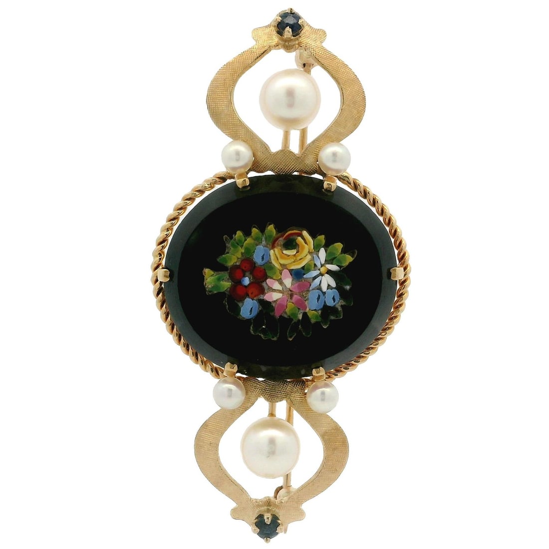 Vintage Yellow Gold Micro Mosaic Flower Brooch with Sapphires and Pearls: Vintage Yellow Gold Micro Mosaic Flower Brooch with Sapphires and Pearls This exquisite vintage brooch features a charming flower bouquet design crafted from solid 9-14k yellow gold. The intricate mic