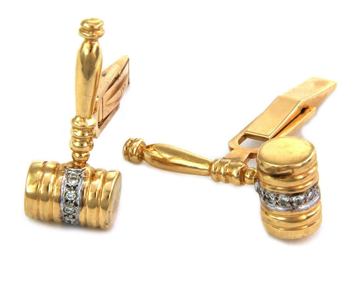 14k Yellow Gold Diamond Judge Gavel Cufflinks Unique Collectible: 14k Yellow Gold Diamond Judge Gavel Cufflinks Unique Collectible This exquisite pair of cufflinks is an ideal gift for judges and lawyers, showcasing craftsmanship in 14k yellow gold designed in the s