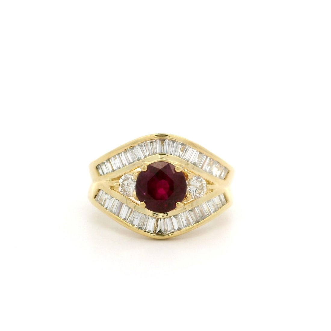 18k Yellow Gold GIA Certified 2.25ct Ruby Baguette Diamond Cocktail Ring: 18k Yellow Gold GIA Certified 2.25ct Ruby Baguette Diamond Cocktail Ring This stunning 18k Yellow Gold cocktail band ring features a captivating 1.17ct natural ruby, expertly crafted in a round brilli