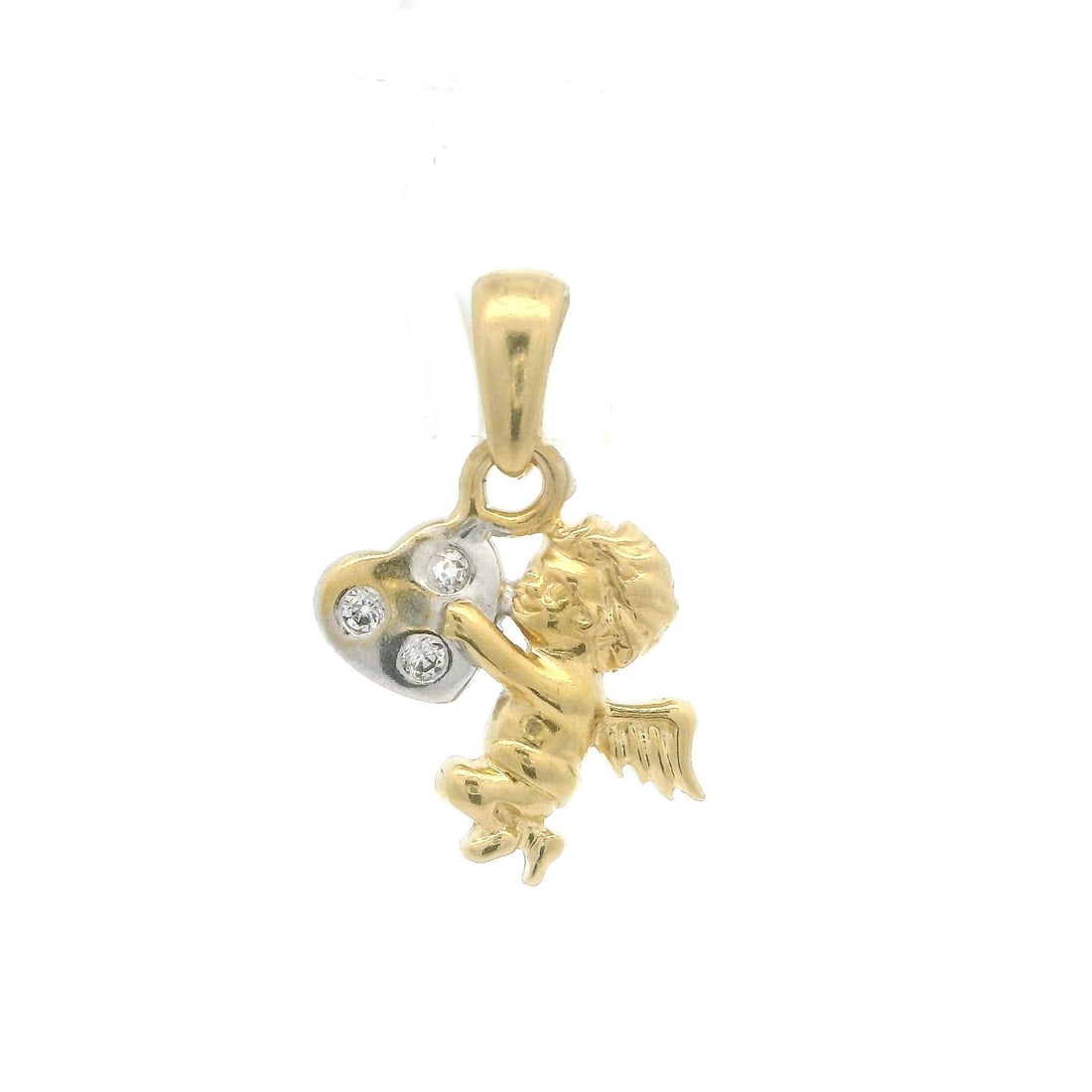 14k Yellow Gold Cherub Angel Heart Charm Pendant with Zircon: 14k Yellow Gold Cherub Angel Heart Charm Pendant with Zircon This exquisite charm pendant features a charming cherub angel holding a heart, crafted from solid 14k yellow gold with white gold accents.