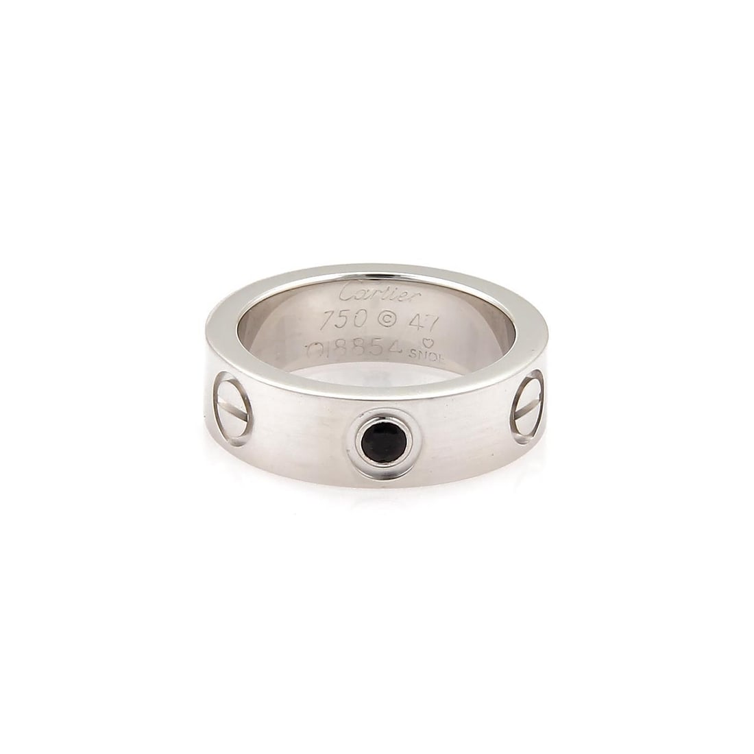 Cartier Love Ring 18k White Gold with Black Sapphire US 4: Cartier Love Ring 18k White Gold with Black Sapphire US 4 Presenting a stunning Cartier Love band ring, expertly crafted in 18k white gold. This elegant ring features a single round-cut black sapphire