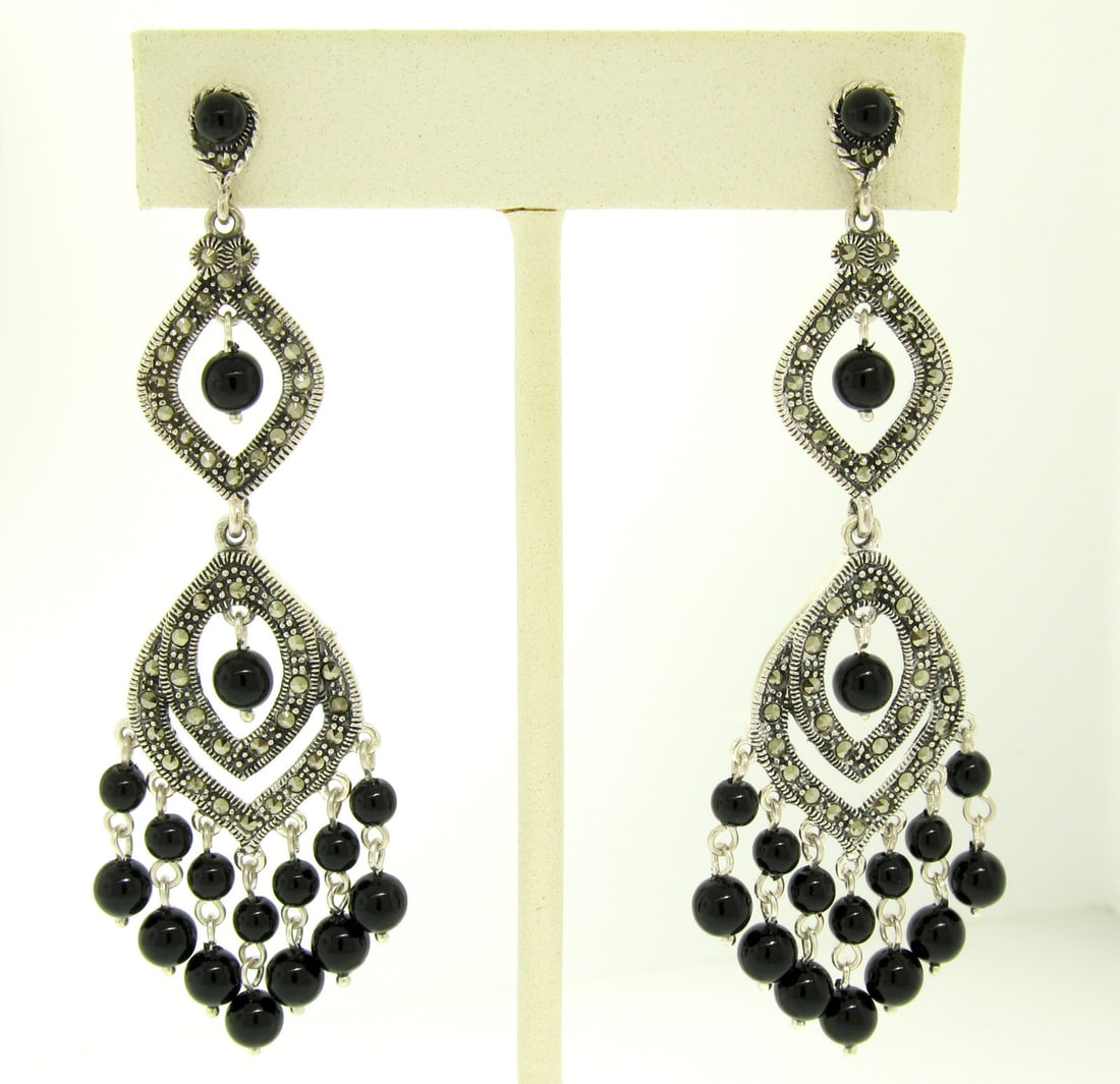 Elegant Marcasite Sterling Silver Long Dangle Chandelier Earrings with Black Onyx: Elegant Marcasite Sterling Silver Long Dangle Chandelier Earrings with Black Onyx Elevate your style with these stunning Marcasite Sterling Silver Large Long Dangle Chandelier Earrings featuring exqui
