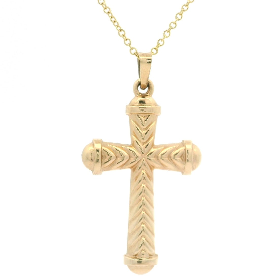 Vintage 14k Yellow Gold Cross Pendant with New 18 Inch Chain: Vintage 14k Yellow Gold Cross Pendant with New 18 Inch Chain This stunning vintage cross pendant is crafted from solid 14k yellow gold, exemplifying timeless elegance. The pendant features a distincti