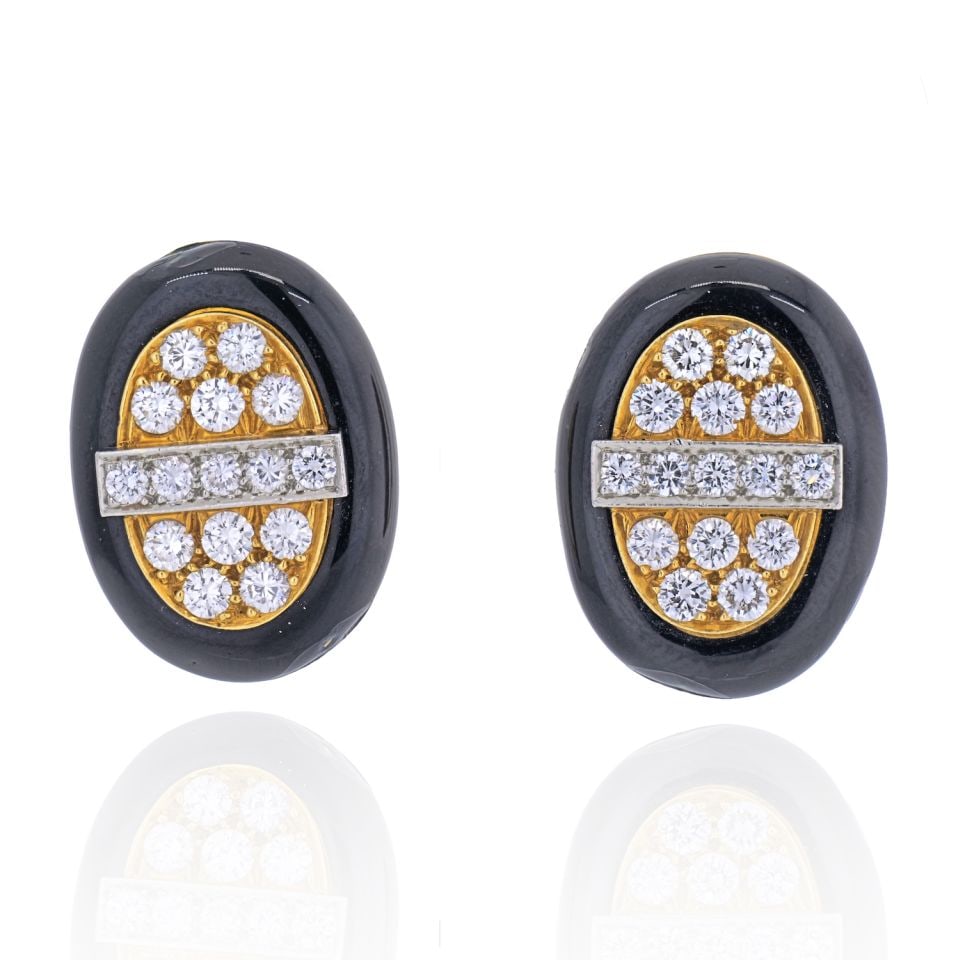 David Webb 3 Carat Diamond Black Enamel Clip-On Earrings: David Webb 3 Carat Diamond Black Enamel Clip-On Earrings These exquisite David Webb earrings beautifully combine platinum and 18K yellow gold, featuring a stunning design with rows of pave set diamond