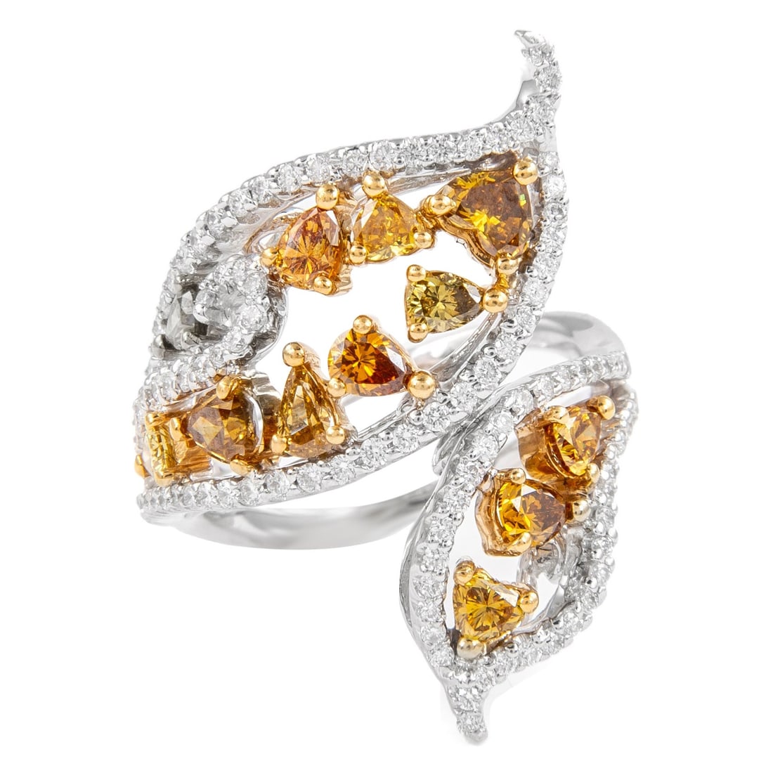 2.16ct Fancy Yellow and Brown Diamond Bypass Ring in 18k Two Tone Gold: 2.16ct Fancy Yellow and Brown Diamond Bypass Ring in 18k Two Tone Gold This exquisite floral bypass ring features a stunning combination of yellow and brown diamonds, totaling 2.16 carats. The design