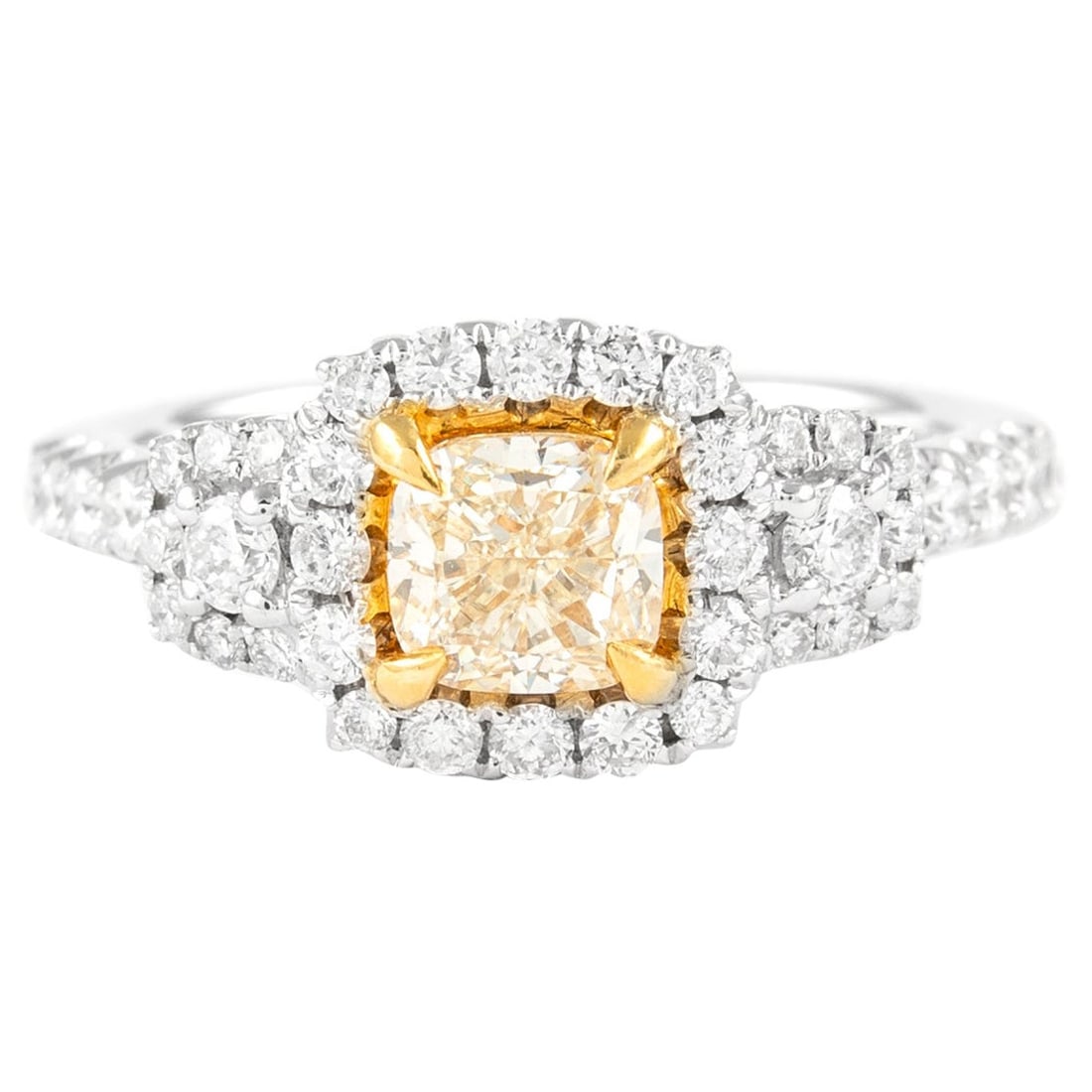 1.74ct Fancy Yellow Diamond Three-Stone Ring 18k Gold EGL Certified: 1.74ct Fancy Yellow Diamond Three-Stone Ring 18k Gold EGL Certified This exquisite three-stone ring showcases a total diamond weight of 1.74 carats, featuring a stunning 1.01 carat cushion cut fancy y