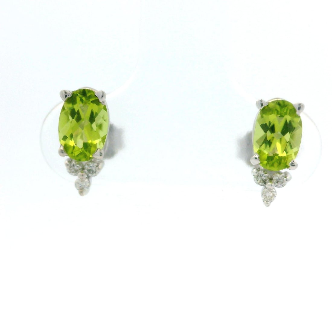 14k White Gold Petite Oval Green Peridot Diamond Stud Earrings (1 of 8)