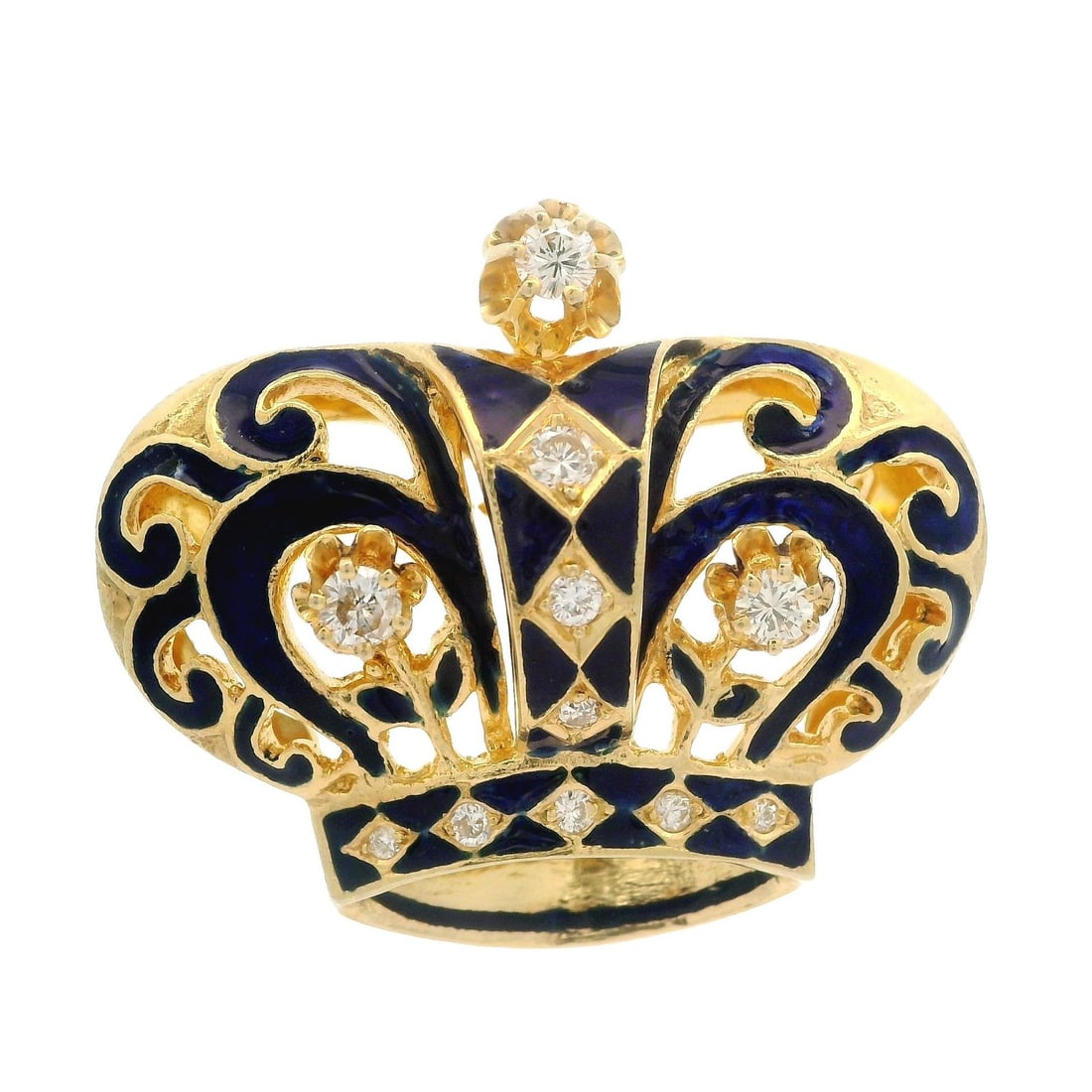 Vintage 14k Yellow Gold Diamond Blue Enamel Royal Crown Brooch: Vintage 14k Yellow Gold Diamond Blue Enamel Royal Crown Brooch This exquisite vintage brooch showcases a regal royal crown design, beautifully crafted in solid 14k yellow gold. It features 11 natural