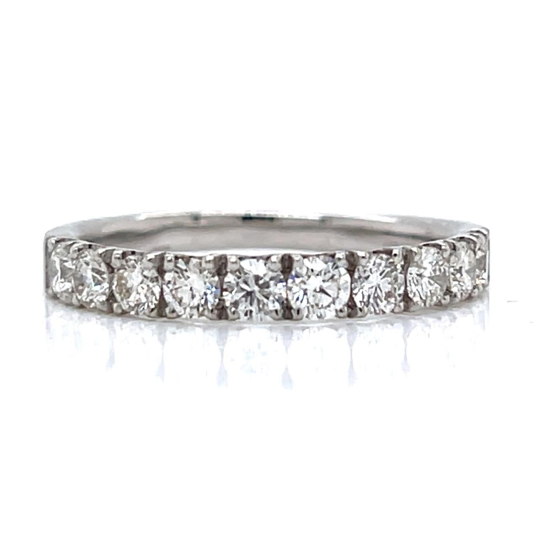 1.00 Carat Diamond Band in 14K White Gold with 10 Stones Size 8.5: 1.00 Carat Diamond Band in 14K White Gold with 10 Stones Size 8.5 This 14K white gold anniversary band features ten diamonds with a total weight of approximately 1.00 carat. The diamonds are F-H in co