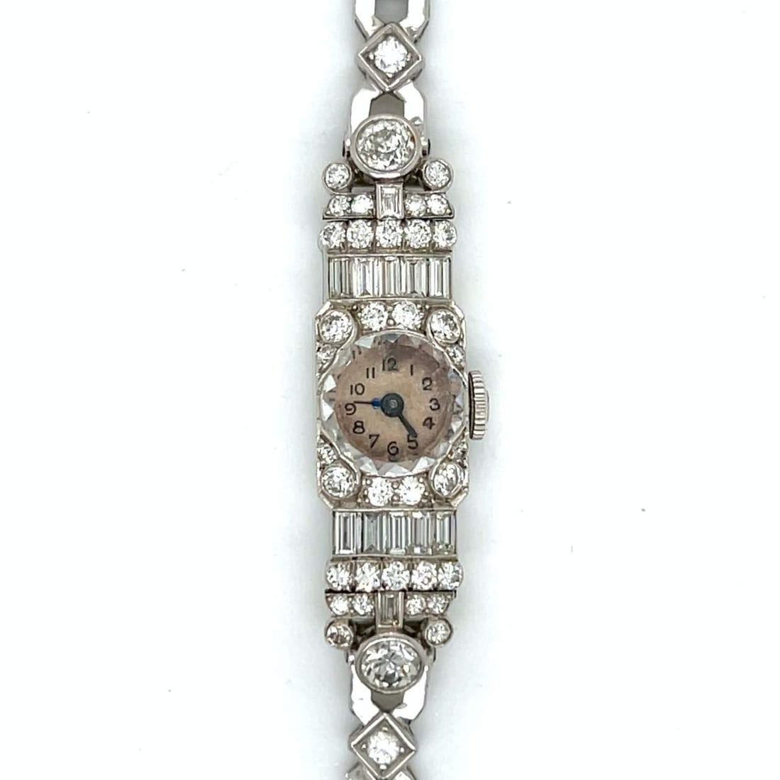 Art Deco Platinum Cocktail Watch with 43 Diamonds 1.75 Ct: Art Deco Platinum Cocktail Watch with 43 Diamonds 1.75 Ct This exquisite Art Deco Platinum Ladies Cocktail Watch is a stunning accessory that combines elegance and luxury. Weighing 23.3 grams, it feat