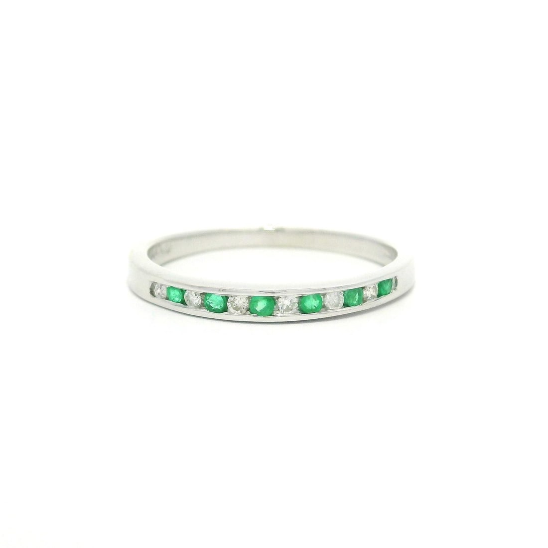 14k White Gold Emerald Diamond Stack Wedding Band Ring: 14k White Gold Emerald Diamond Stack Wedding Band Ring This exquisite wedding band features a stunning design with alternating natural emeralds and diamonds, set in solid 14k white gold. The band show