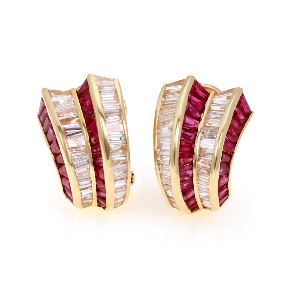 18k Yellow Gold 10ct Ruby Diamond Curved Clip Earrings: 18k Yellow Gold 10ct Ruby Diamond Curved Clip Earrings These exquisite earrings are designed in 18k yellow gold and showcase a stunning double-layer curved style adorned with baguette rubies and diamo