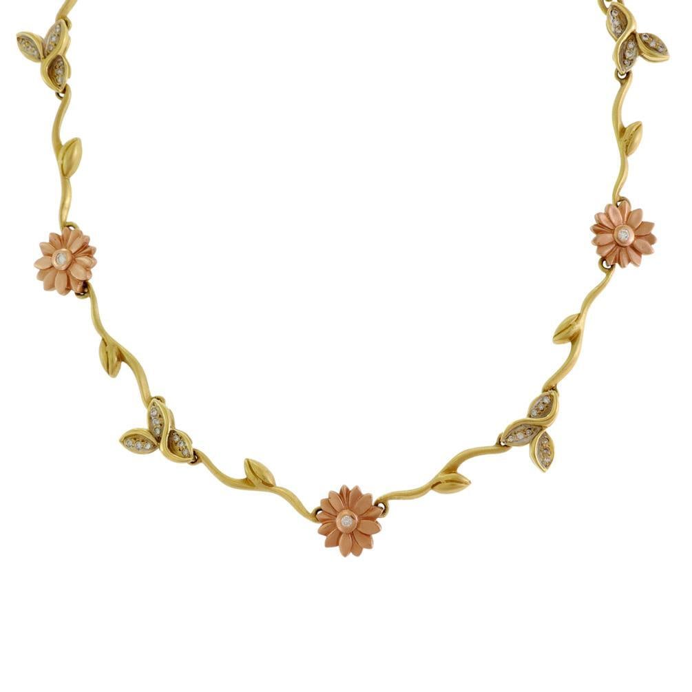 Elegant 18k Yellow Gold 14k Rose Gold Floral Leaf Diamond Necklace: Elegant 18k Yellow Gold 14k Rose Gold Floral Leaf Diamond Necklace This exquisite collar necklace is a stunning blend of 18k yellow gold and 14k rose gold, crafted in a beautiful floral leaf design. T