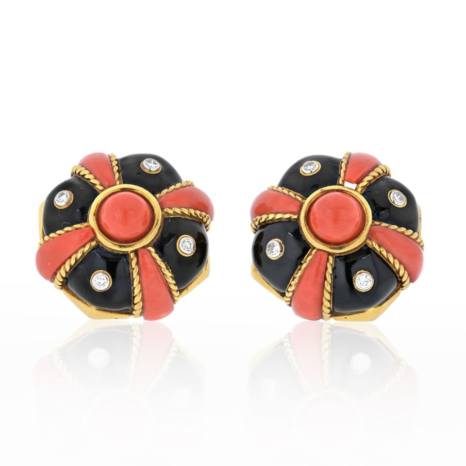 David Webb 18K Yellow Gold Coral Diamond Enamel Bombe Earrings: David Webb 18K Yellow Gold Coral Diamond Enamel Bombe Earrings Elevate your style with these exquisite David Webb earrings, crafted from luxurious 18K yellow gold. These bombe-style earrings feature a
