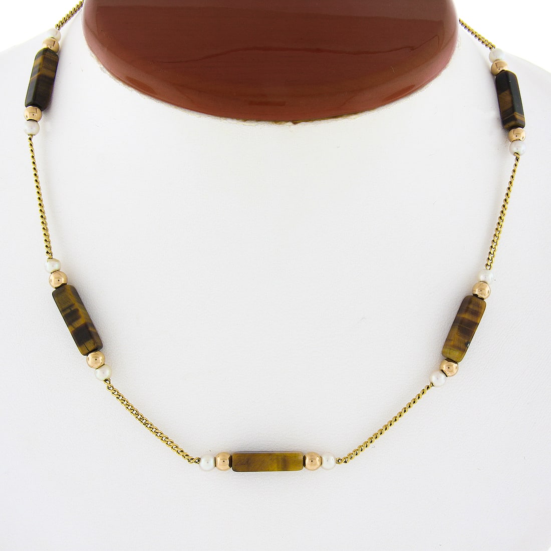 Vintage 10k Yellow Gold Tigers Eye Pearl Beaded Necklace 15.5in: Vintage 10k Yellow Gold Tigers Eye Pearl Beaded Necklace 15.5in This exquisite vintage necklace features a striking design crafted from solid 10k yellow gold. The centerpiece showcases five natural ge