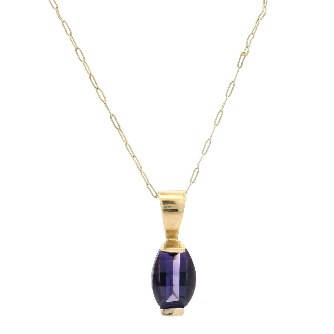 14k Yellow Gold Amethyst Slide Pendant with 17 Inch Chain: 14k Yellow Gold Amethyst Slide Pendant with 17 Inch Chain This exquisite 14k yellow gold necklace features a custom cut amethyst solitaire pendant, perfect for adding a touch of elegance to any outfit