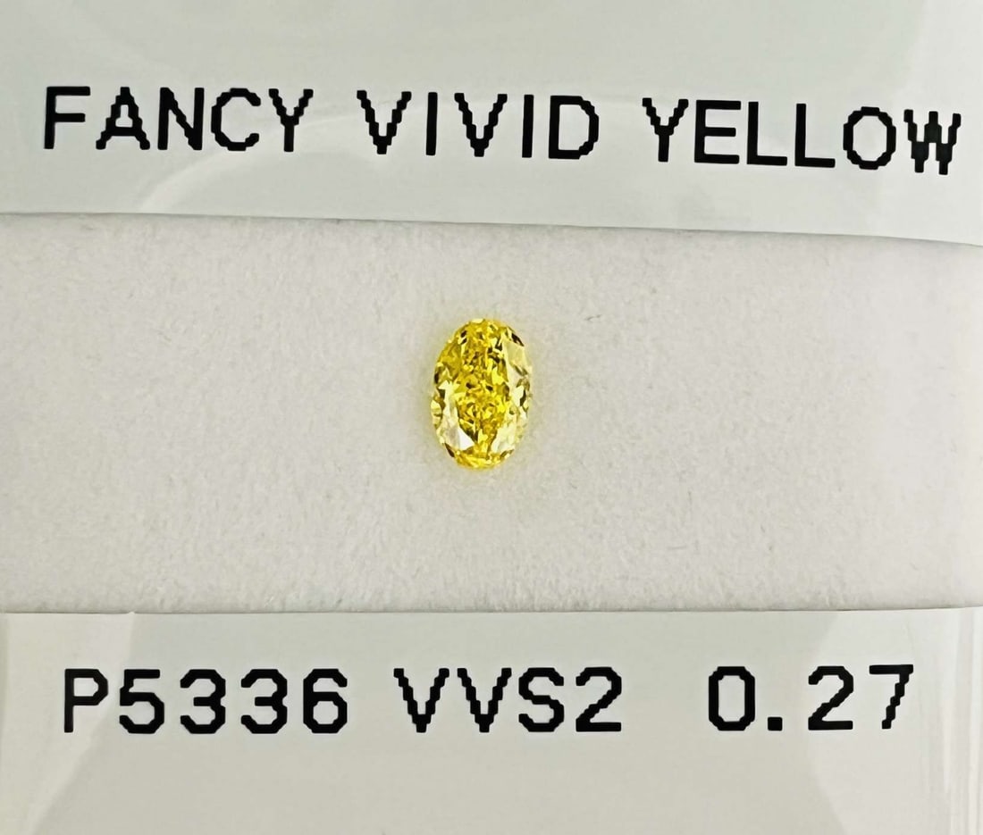 Loose Diamond - OVAL 0.27ct Fancy Vivid Yellow VVS2: Loose Diamond - OVAL 0.27ct Fancy Vivid Yellow VVS2 Source: Natural Shape: OVAL Carats: 0.27 Color: Fancy Vivid Yellow Certification: GIA Video: