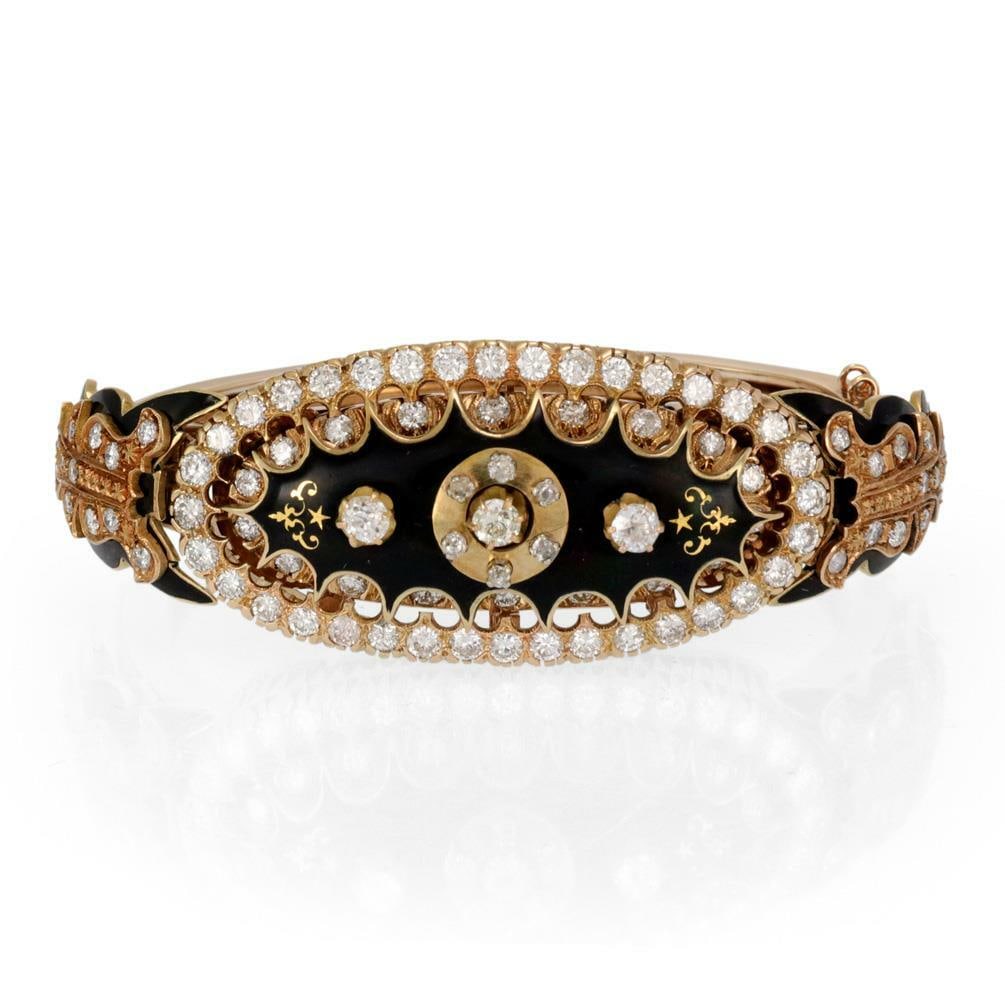 Vintage 14k Yellow Gold Diamond Enamel Fancy Oval Bracelet 5.30ct: Vintage 14k Yellow Gold Diamond Enamel Fancy Oval Bracelet 5.30ct Experience timeless elegance with this stunning vintage bracelet, expertly crafted from 14k yellow gold. The bracelet features a uniqu