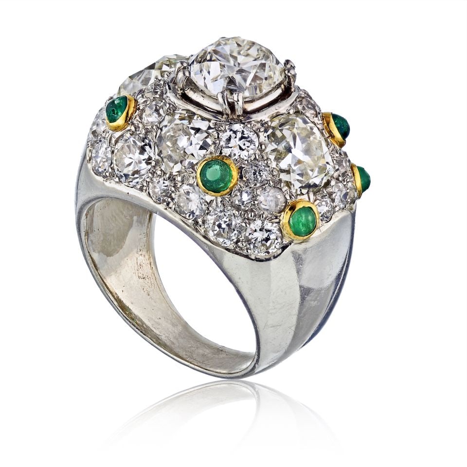 Platinum Dome Ring 4.60 Carat Old Cut Diamonds Green Emeralds (1 of 5)