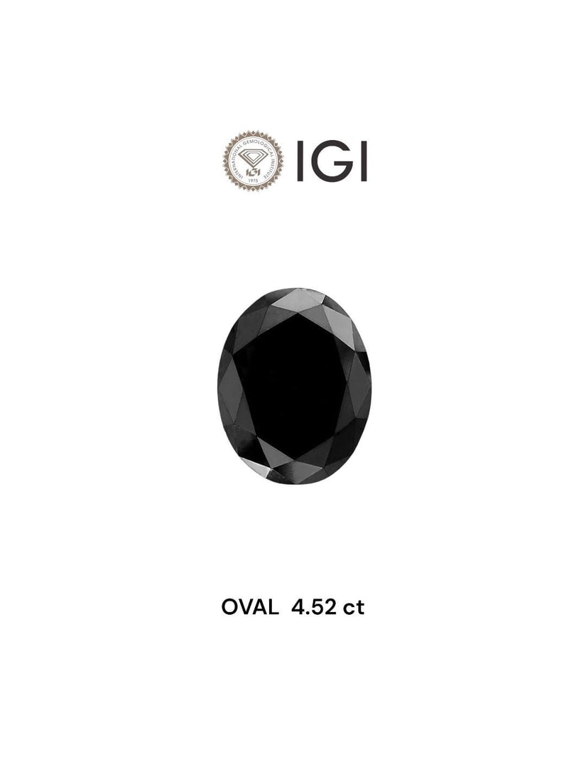 Loose Diamond - OVAL 4.52ct Black: Loose Diamond - OVAL 4.52ct Black Source: Natural Shape: OVAL Carats: 4.52 Color: Black Certification: IGI Video: