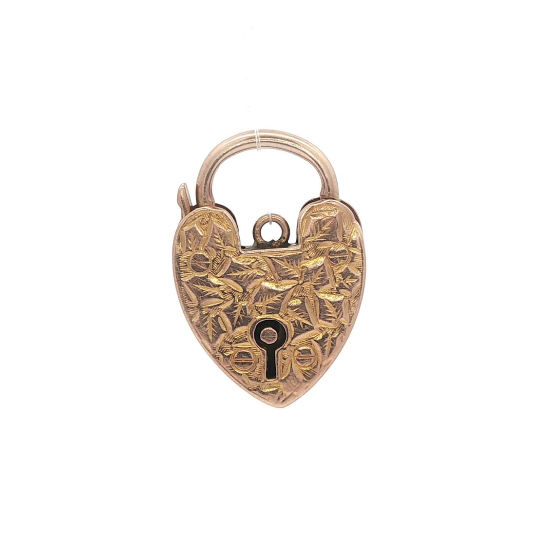 Antique 9ct Yellow Gold Heart Padlock Pendant: Antique 9ct Yellow Gold Heart Padlock Pendant This exquisite antique English pendant showcases a charming heart-shaped open padlock design, hand engraved with intricate detailing. Crafted from solid 9