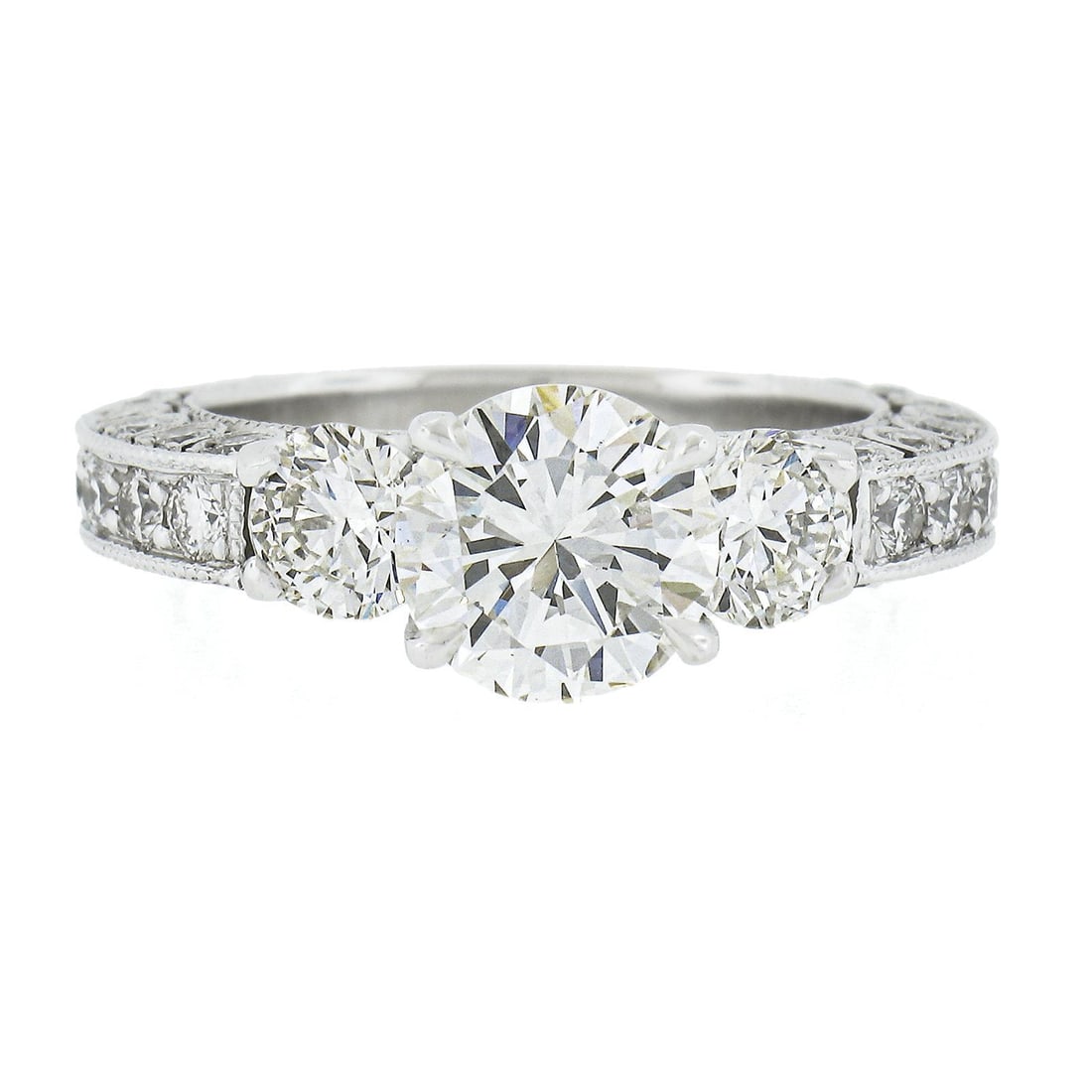 Platinum 3.61ctw GIA Round Diamond Engagement Ring with Milgrain: Platinum 3.61ctw GIA Round Diamond Engagement Ring with Milgrain This exquisite engagement ring features a stunning 3.61 carat total weight of GIA graded round diamonds, elegantly crafted in solid pla