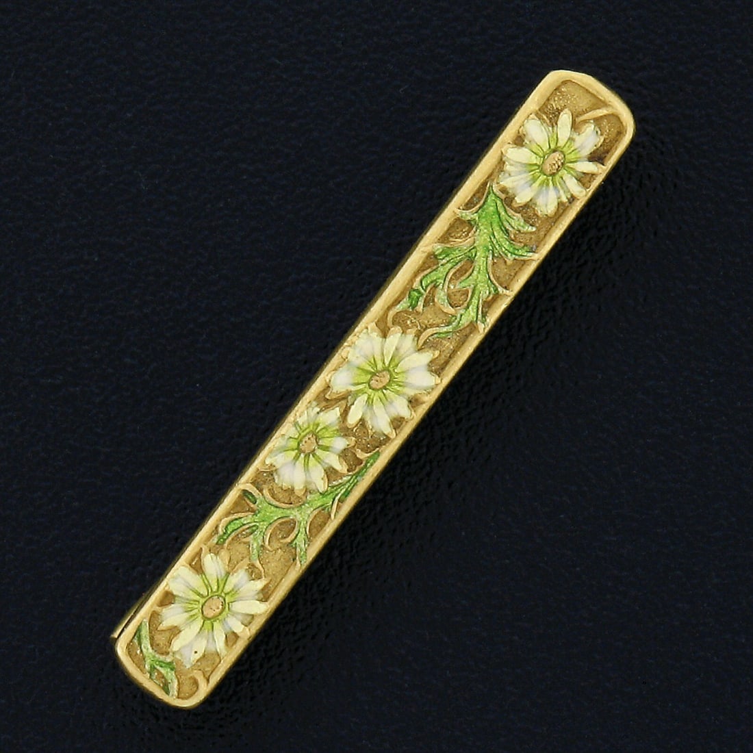 Antique Krementz 14K Yellow Gold Floral Enamel Bar Pin Brooch (1 of 4)