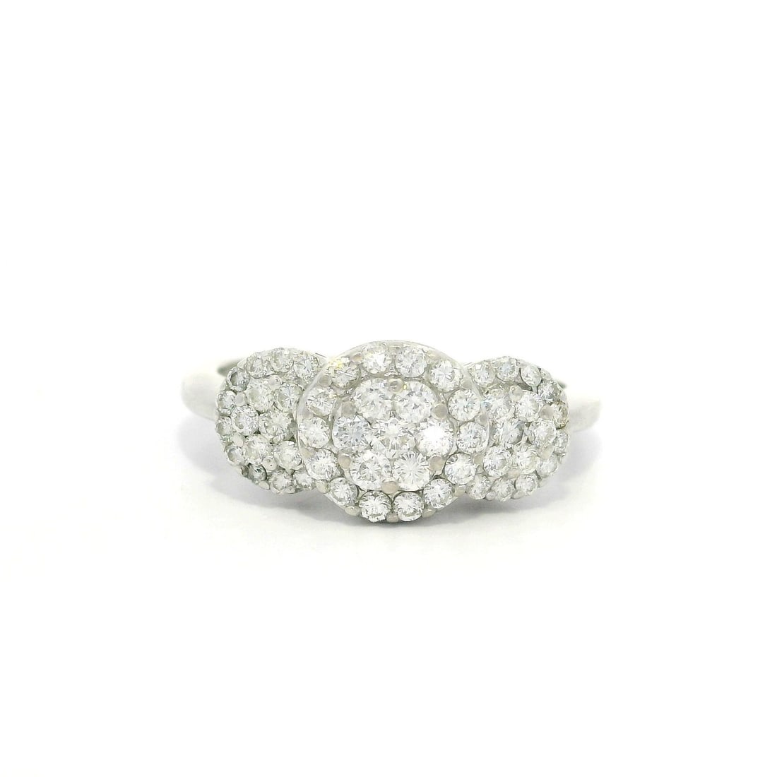 Elegant 14k White Gold 1.2ctw Diamond Cluster Triple Band Ring: Elegant 14k White Gold 1.2ctw Diamond Cluster Triple Band Ring This stunning cocktail ring showcases a luxurious cluster of (52) natural genuine round brilliant cut diamonds, elegantly prong set in so