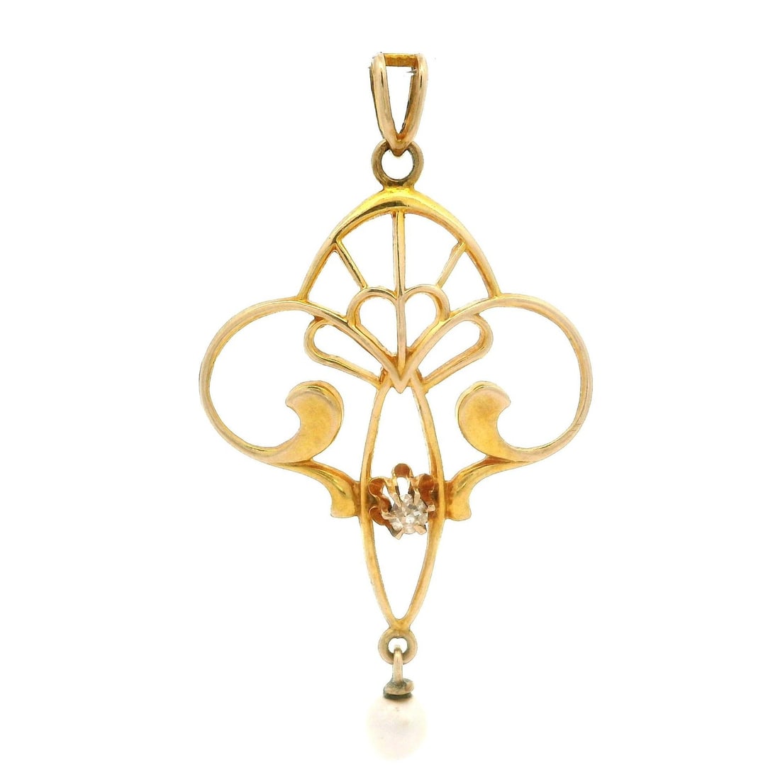 Vintage 10k Yellow Gold Diamond Pearl Dangle Lavalier Pendant: Vintage 10k Yellow Gold Diamond Pearl Dangle Lavalier Pendant This exquisite vintage pendant features a delicate open scroll work design crafted from solid 10k yellow gold. The pendant showcases a nat
