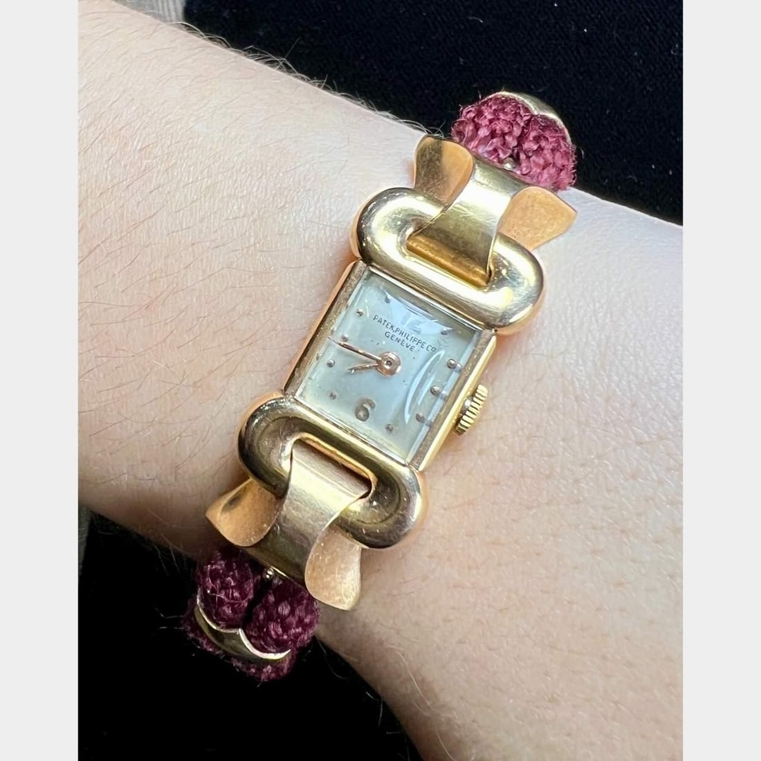 Antique Patek Philippe 18K Yellow Gold Ladies Watch with Burgundy Rope Strap (1 of 4)