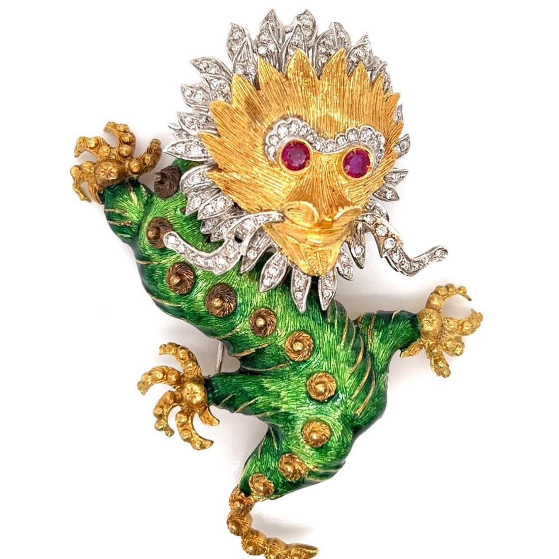 18K Yellow Gold Ruby Diamond Chinese Dragon Brooch 3.25 Inches (1 of 3)