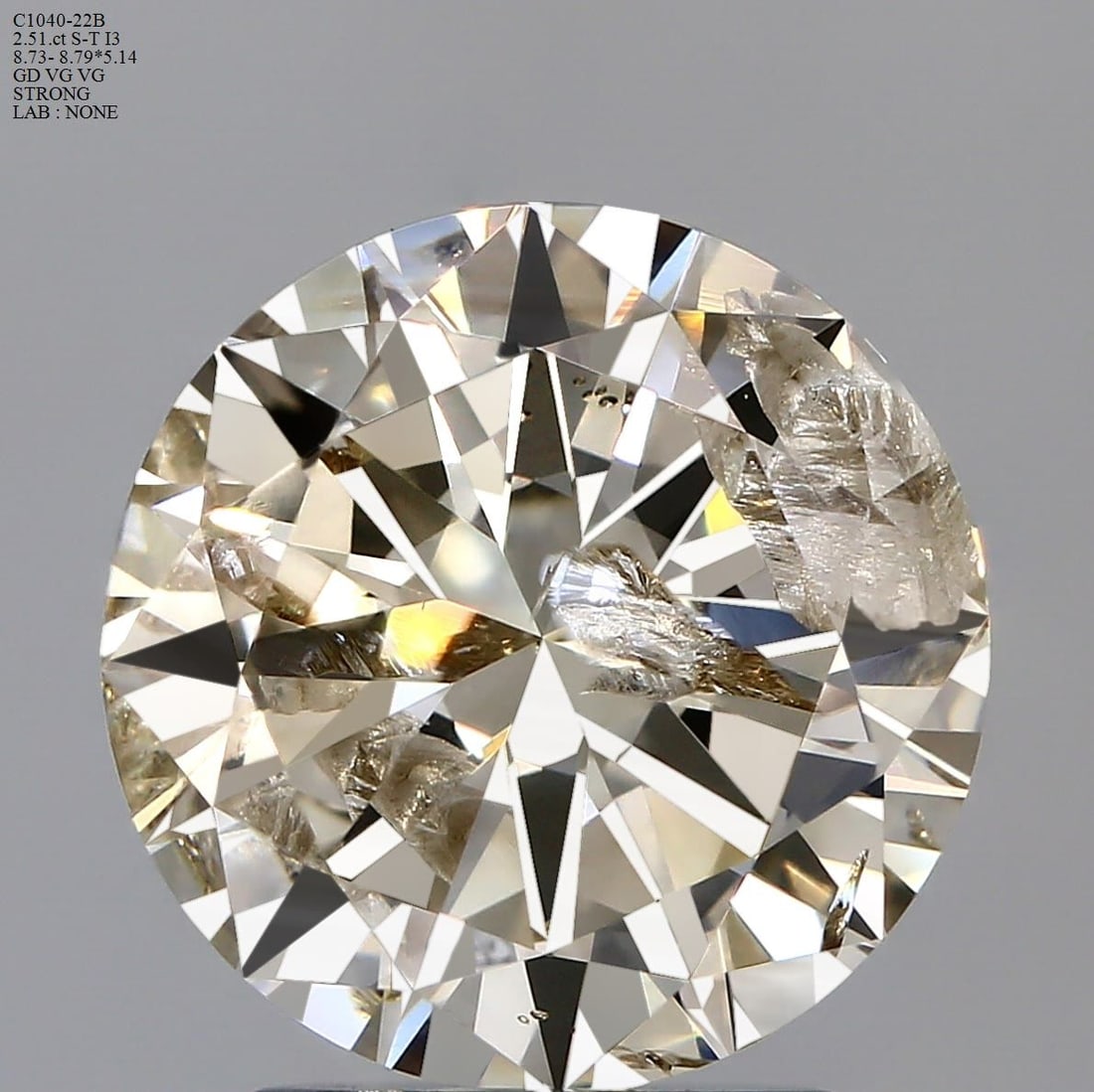 Loose Diamond - ROUND 2.51ct S-T I3: Loose Diamond - ROUND 2.51ct S-T I3 Source: Natural Shape: ROUND Carats: 2.51 Color: S-T Certification: NONE Video:
