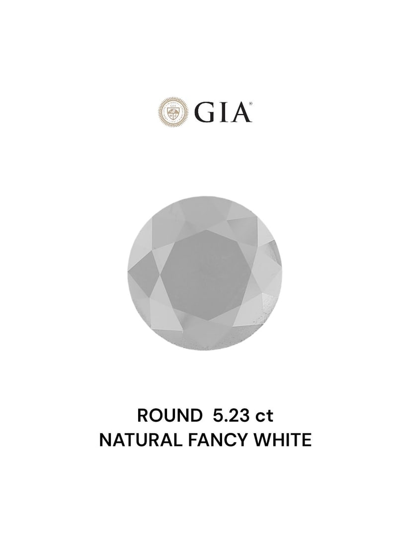 Loose Diamond - ROUND 5.23ct Fancy White VVS2: Loose Diamond - ROUND 5.23ct Fancy White VVS2 Source: Natural Shape: ROUND Carats: 5.23 Color: Fancy White Certification: GIA Video: