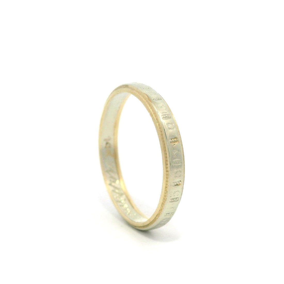 Antique 14k Two-Tone Gold Stackable Wedding Band Ring: Antique 14k Two-Tone Gold Stackable Wedding Band Ring This antique hand-etched wedding band ring features a stunning two-tone design crafted from solid 14k yellow and white gold. Weighing 2.1 grams, t