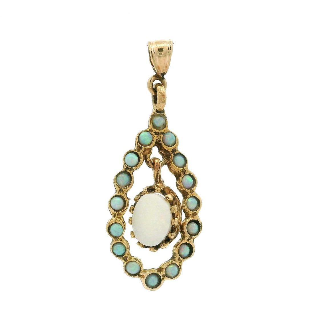 Vintage 14k Yellow Gold Opal Dangle Pendant with Teardrop Detail: Vintage 14k Yellow Gold Opal Dangle Pendant with Teardrop Detail This vintage pendant showcases a stunning design crafted from solid 14k yellow gold and features beautiful opals. The main stone is a n