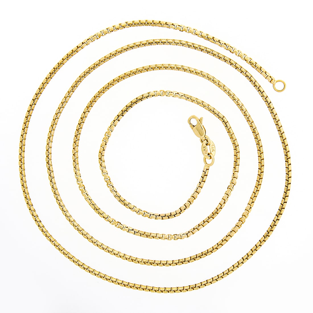 14K Yellow Gold 24 Inch 1.6mm Beveled Box Link Chain Necklace: 14K Yellow Gold 24 Inch 1.6mm Beveled Box Link Chain Necklace This exquisite 14K Yellow Gold chain necklace features a beautifully crafted 24-inch long beveled box link design. The chain is polished t