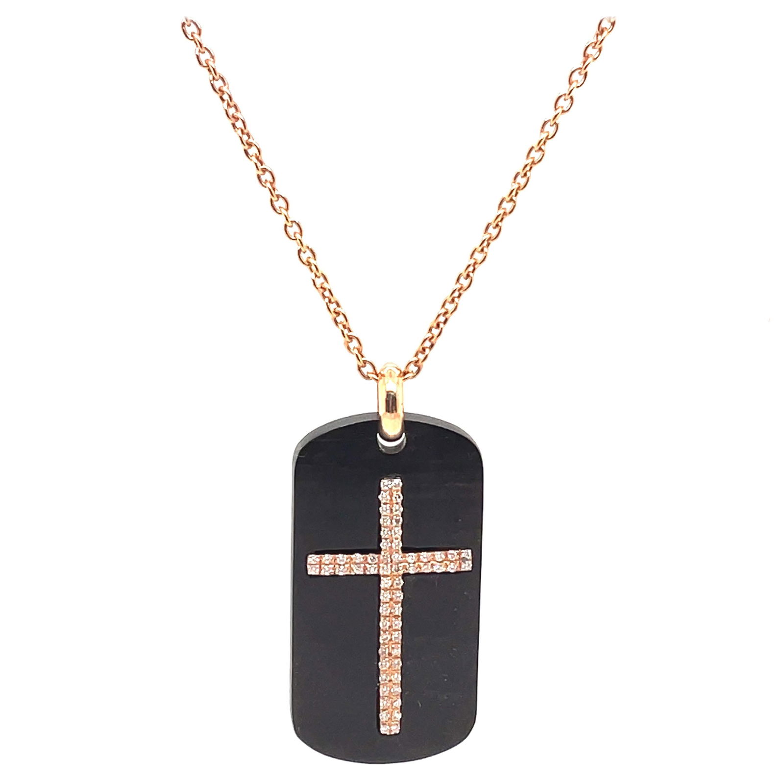 Unique 18k Rose Gold Diamond Mahogany Cross Pendant Necklace: Unique 18k Rose Gold Diamond Mahogany Cross Pendant Necklace This exquisite pendant necklace features a stunning cross design crafted from 18k rose gold and mahogany wood. Adorned with 0.36 carats of
