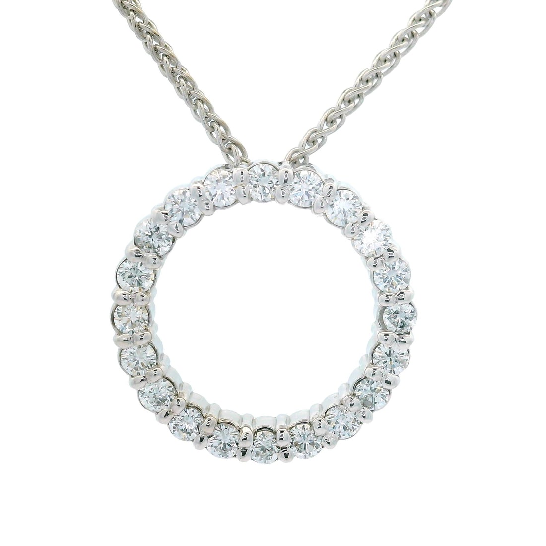 14k White Gold 1.0ctw Diamond Circle Pendant with Wheat Link Necklace: 14k White Gold 1.0ctw Diamond Circle Pendant with Wheat Link Necklace This exquisite 14k Gold Circle of Life Slide Pendant features a stunning display of 20 natural diamonds, each expertly set in a pr