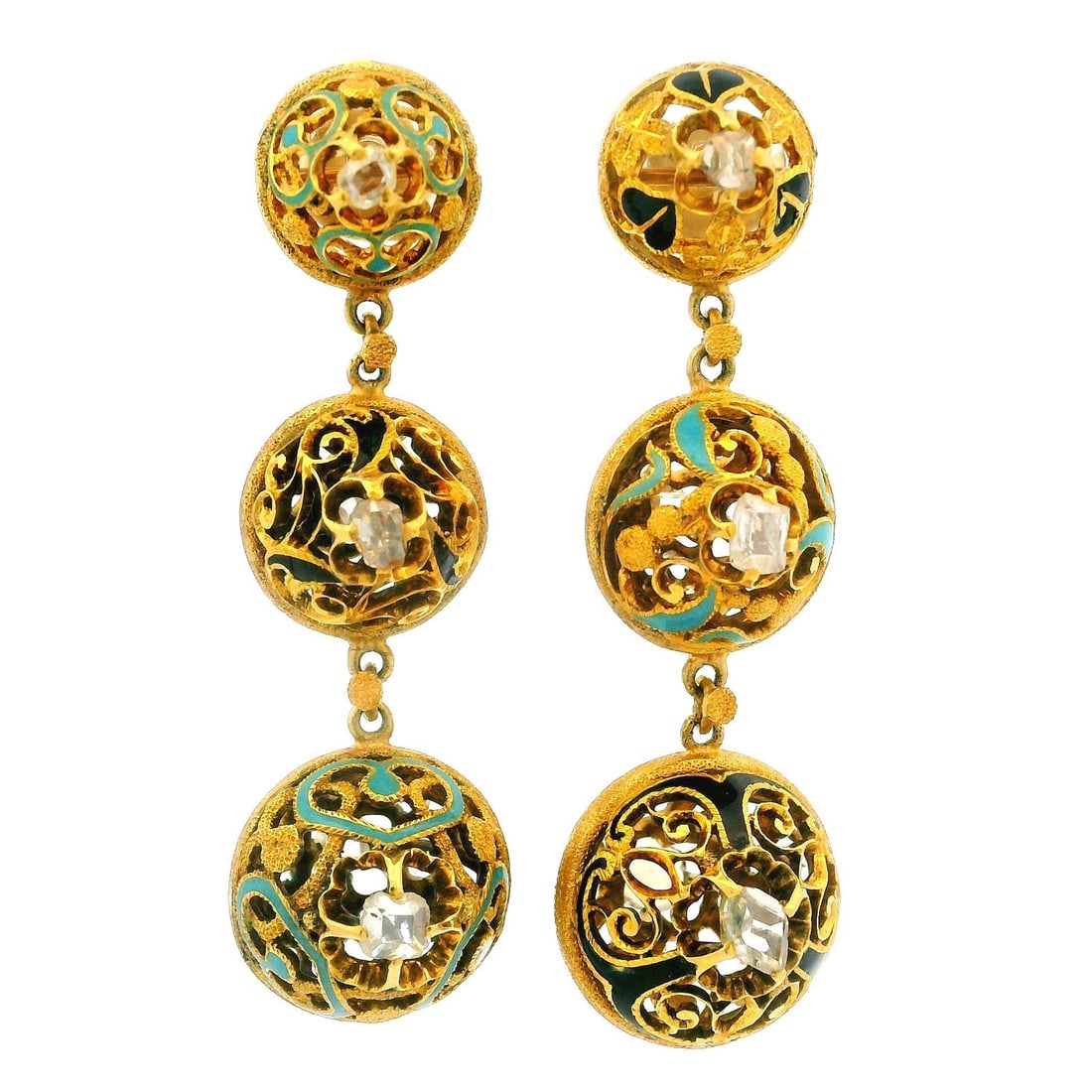 Vintage 18k Yellow Gold Dangle Earrings with Diamonds and Enamel: Vintage 18k Yellow Gold Dangle Earrings with Diamonds and Enamel These exquisite vintage dangle/drop earrings are crafted from solid 18k yellow gold and showcase a stunning combination of old cut diam