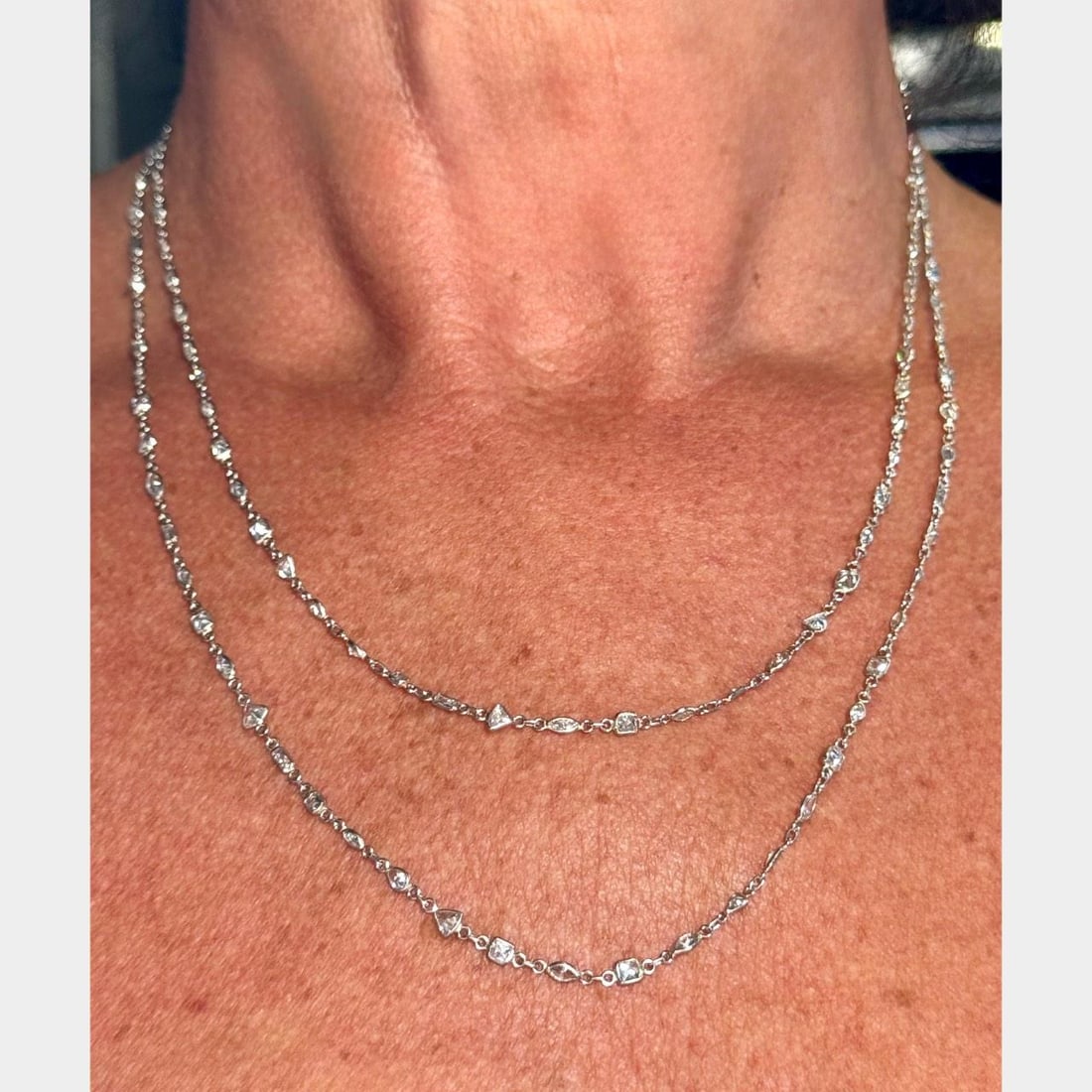 Platinum 10.50 Ct Diamond by the Yard Necklace 38 inches: Platinum 10.50 Ct Diamond by the Yard Necklace 38 inches This exquisite Platinum Diamond by the Yard Necklace features a stunning total diamond weight of approximately 10.50 carats. Designed with 125