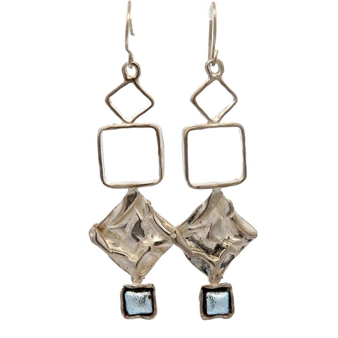 Handmade Sterling Silver Geometric Drop Earrings with Grey Metallic Stone: Handmade Sterling Silver Geometric Drop Earrings with Grey Metallic Stone Elevate your accessory collection with these Handmade Sterling Silver Drop Earrings featuring a striking grey metallic stone d